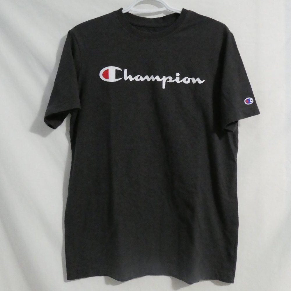 CHAMPION charcoal t-shirt with logo on sleeve and Champion print on front, small